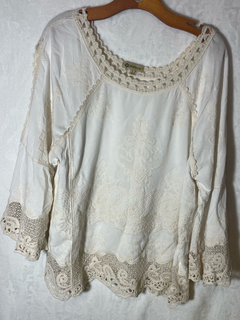 Democracy Cream and White Crochet Lace Boho Blouse
